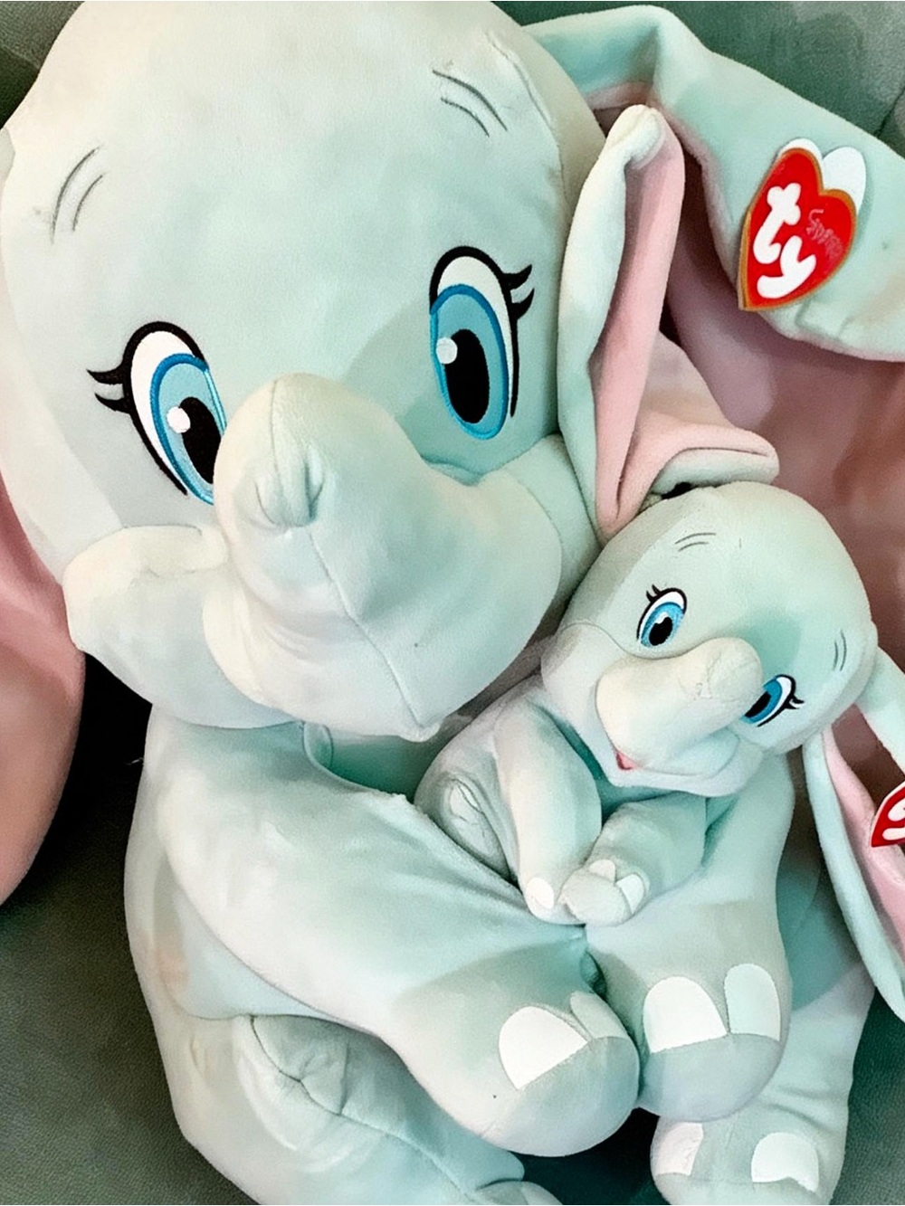 Ty Light Blue Dumbo Plush Elephant Pair with Pink Ear Accents